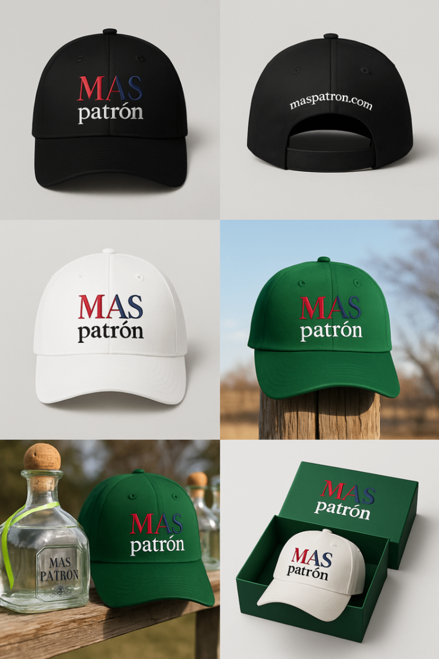 MAS PATRÓN Hat Collection - Black, White, and Green editions with premium packaging